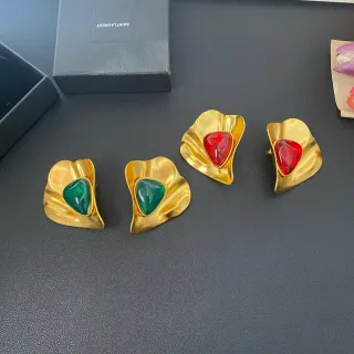 Saint Laurent Gold Green Sculptural Petal-Shaped Metal Frames Teardrop Cabochon Resin Stones Earrings
