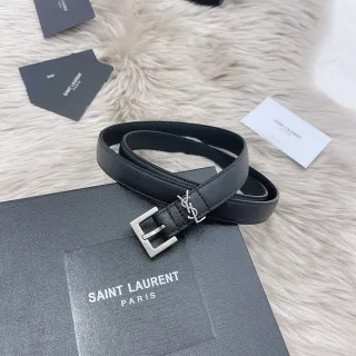 Saint Laurent Monogram Belt Black Silver Slim Rectangular Buckle Leather Belt