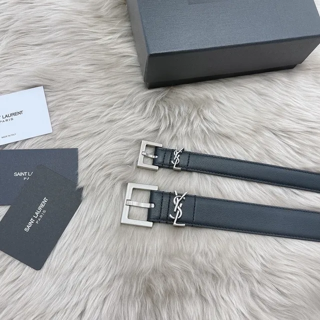 Saint Laurent Monogram Belt Black Silver Slim Rectangular Buckle Leather Belt 4