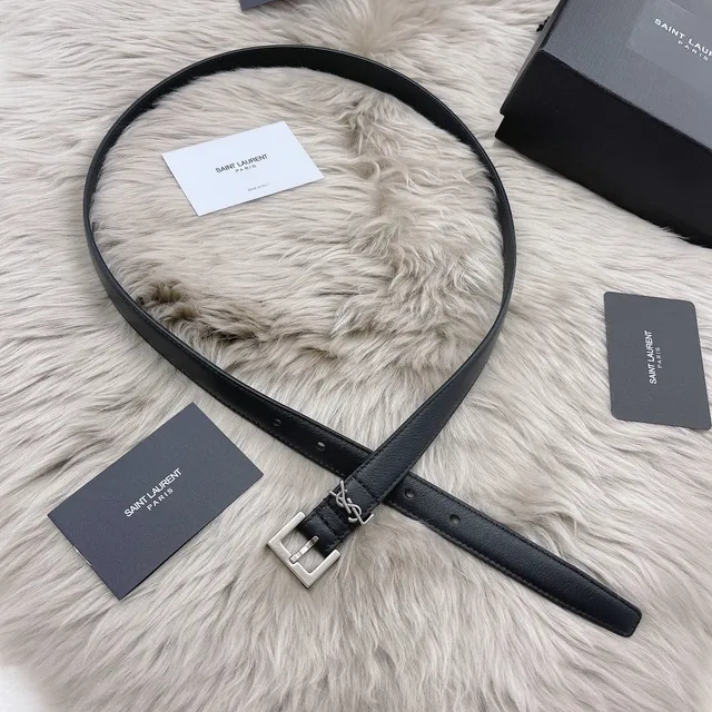 Saint Laurent Monogram Belt Black Silver Slim Rectangular Buckle Leather Belt 5