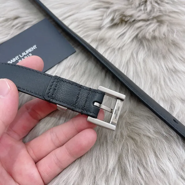 Saint Laurent Monogram Belt Black Silver Slim Rectangular Buckle Leather Belt 6
