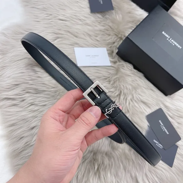 Saint Laurent Monogram Belt Black Silver Slim Rectangular Buckle Leather Belt 9