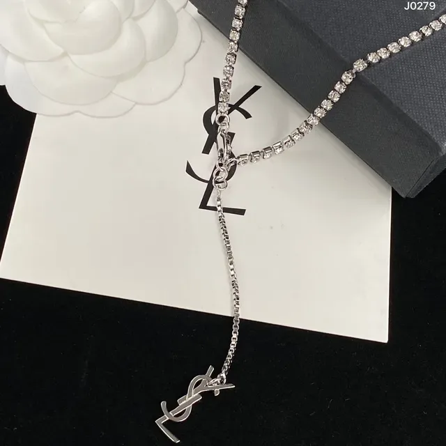 Saint Laurent Monogram Pavé Chain Collier argent cristal transparent YSL 7