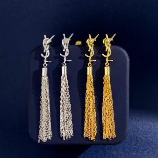 Saint Laurent Monogram Tassel Silver Gold Logo Chain Earrings