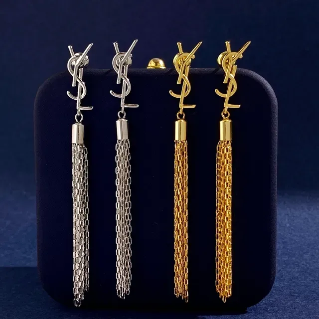 Brincos Saint Laurent Monogram Borla Corrente Logo Prata e Ouro 5
