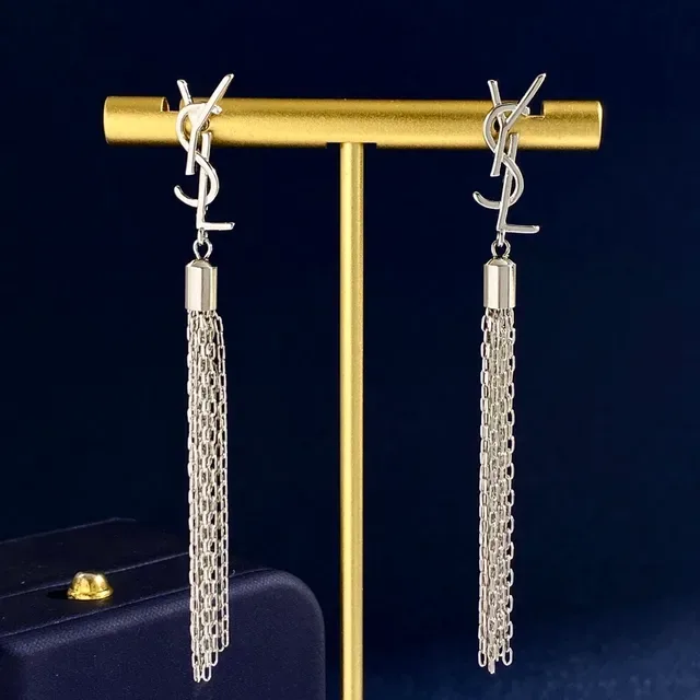 Brincos Saint Laurent Monogram Borla Corrente Logo Prata e Ouro 8