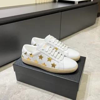 Saint Laurent White Gold Leather Star Appliqués Lifestyle Sneakers