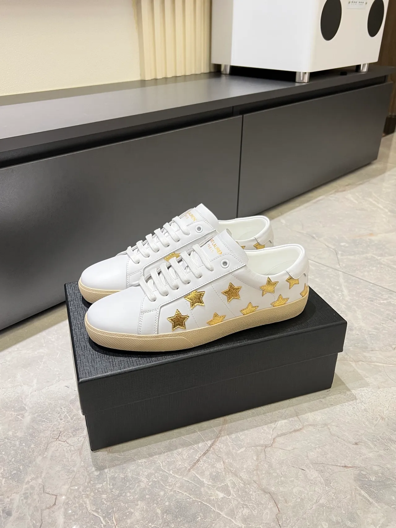 Saint Laurent Ouro Branco Couro Estrela Apliques Estilo de Vida Tênis 5