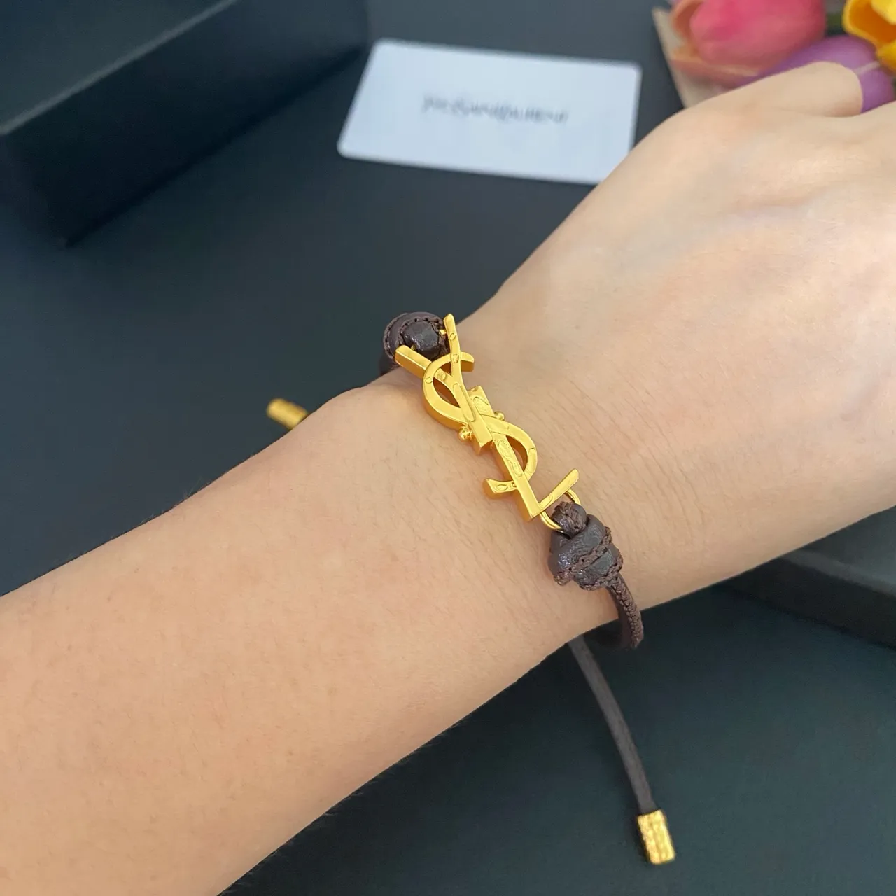 Saint Laurent YSL Monogram Preto Marrom interligado encanto cordão ajustável construção pulseira 3