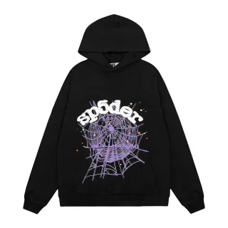 Sp5der Black Purple Oversized Fit Graphic-Print Front Hoodie