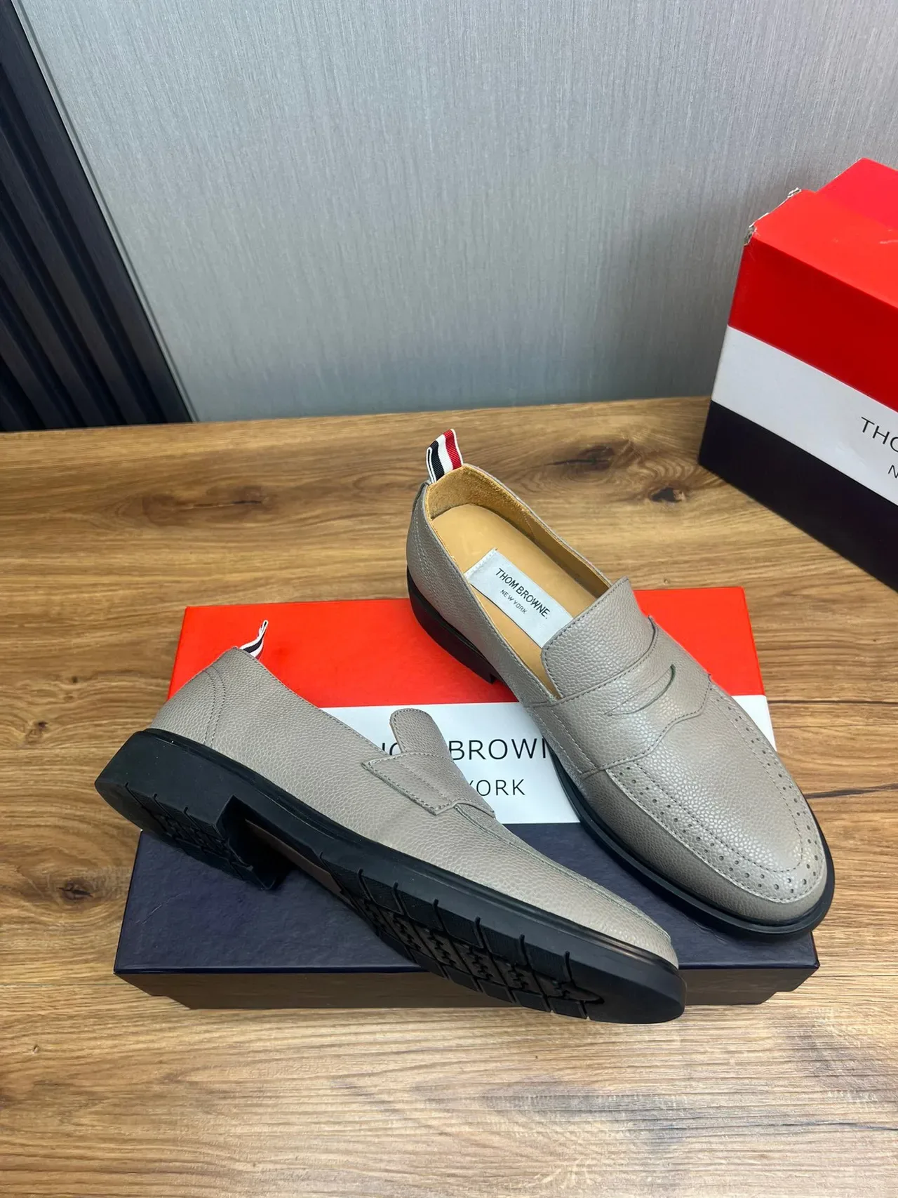Thom Browne Gray Black Pebbled Leather Penny Strap Loafer 5