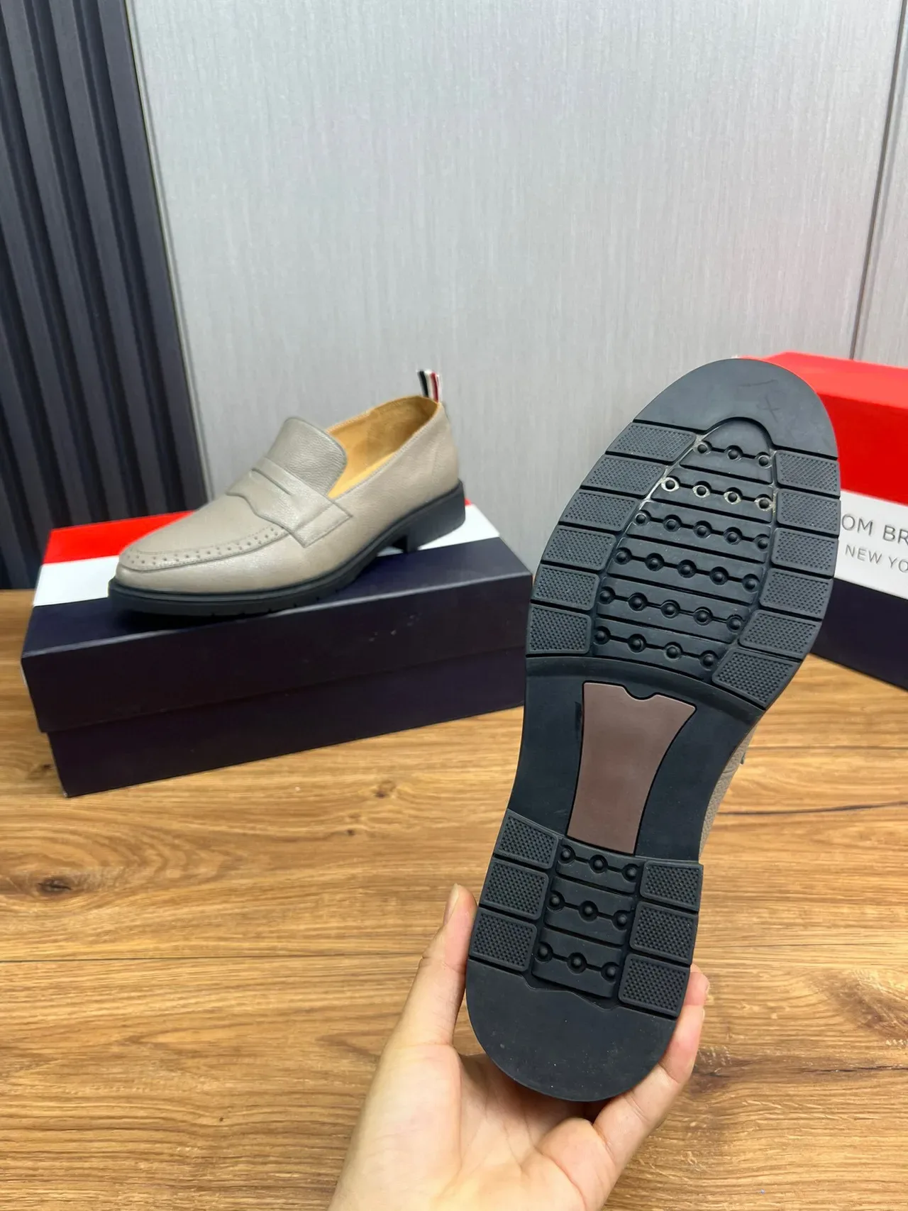 Thom Browne Gray Black Pebbled Leather Penny Strap Loafer 8