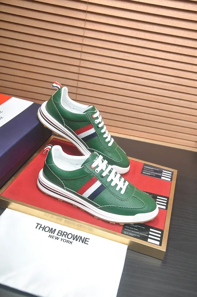Thom Browne Green White Pebbled Leather Upper Signature Stripe Lifestyle Sneakers 4