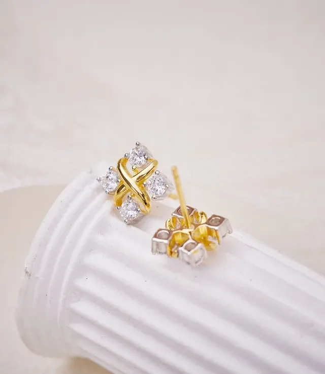 Tiffany & Co. Boucles d'oreilles Or Blanc Motif en X Quatre Pierres Rondes 6