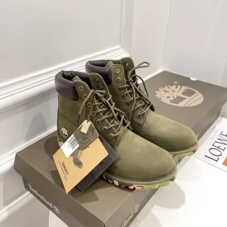 Timberland Army Green Brown Olive Nubuck Upper Padded Leather Collar Work Boots