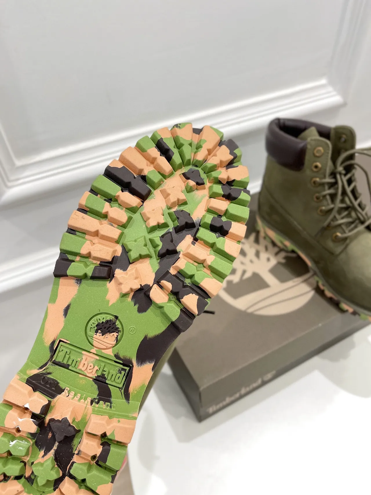 Timberland Army Green Brown Olive Nubuck Upper Padded Leather Collar Work Boots 2