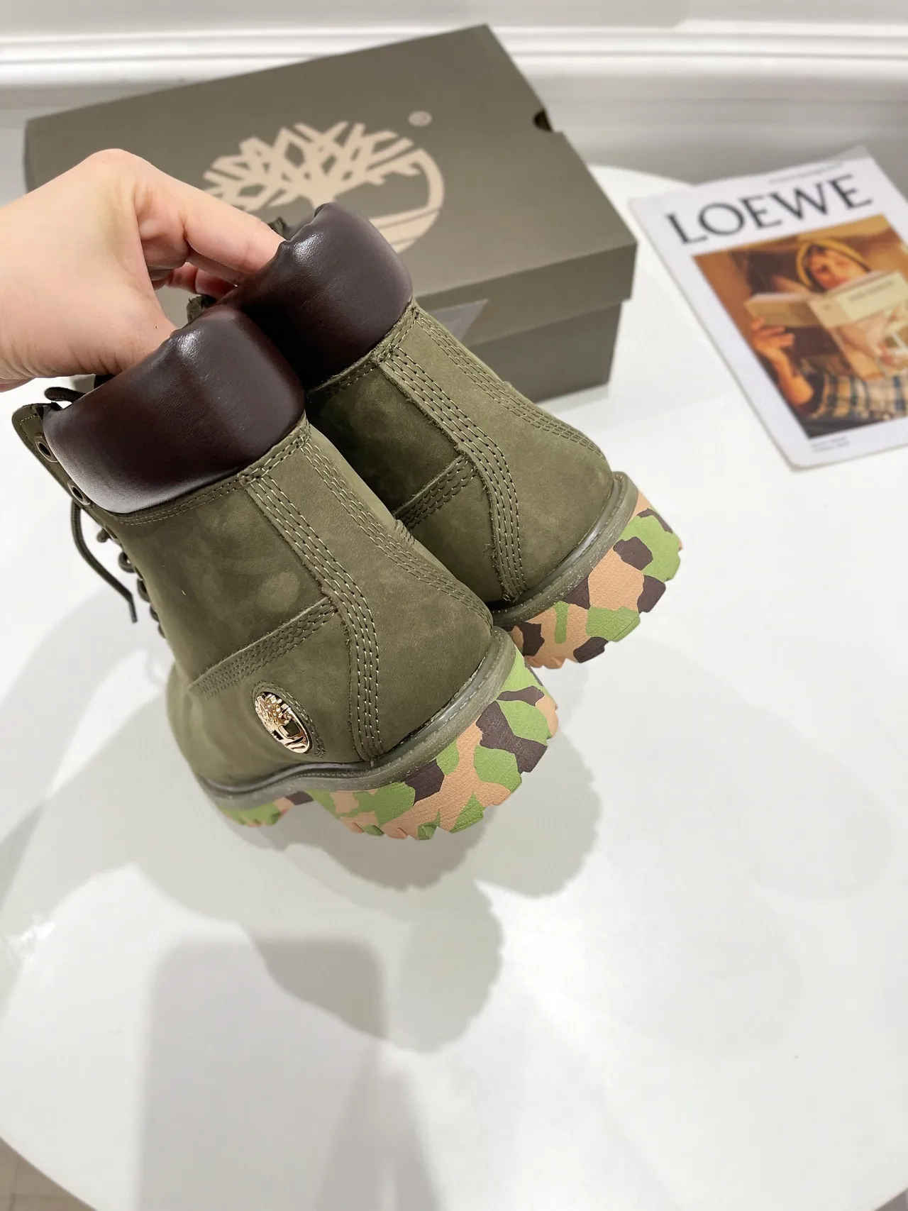 Timberland Army Green Brown Olive Nubuck Upper Padded Leather Collar Work Boots 3