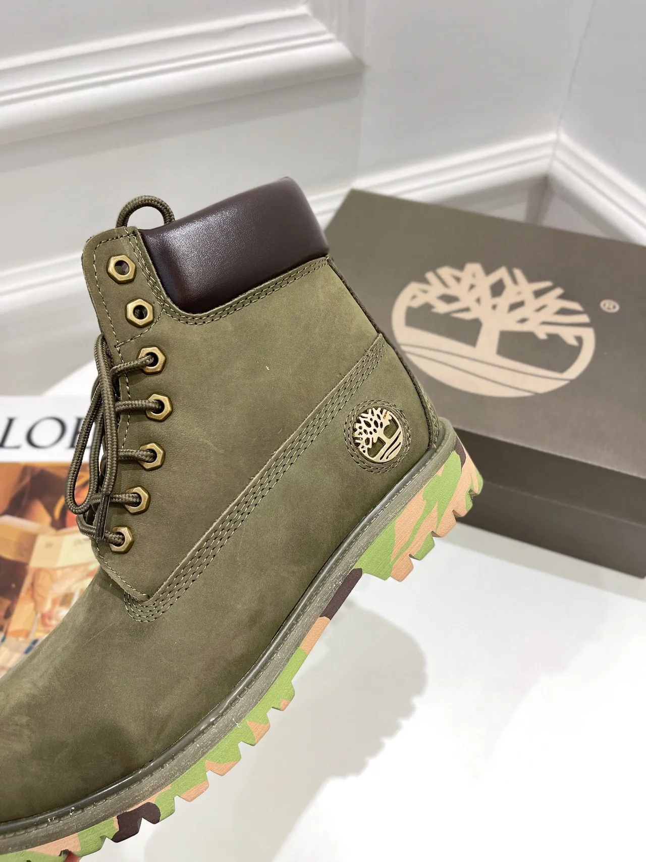 Timberland Army Green Brown Olive Nubuck Upper Padded Leather Collar Work Boots 4