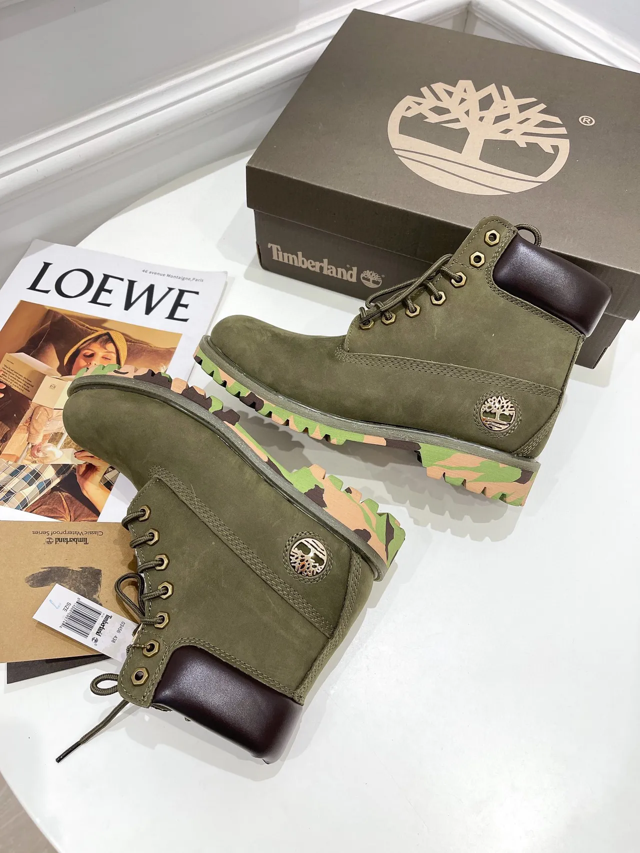 Timberland Army Green Brown Olive Nubuck Upper Padded Leather Collar Work Boots 6