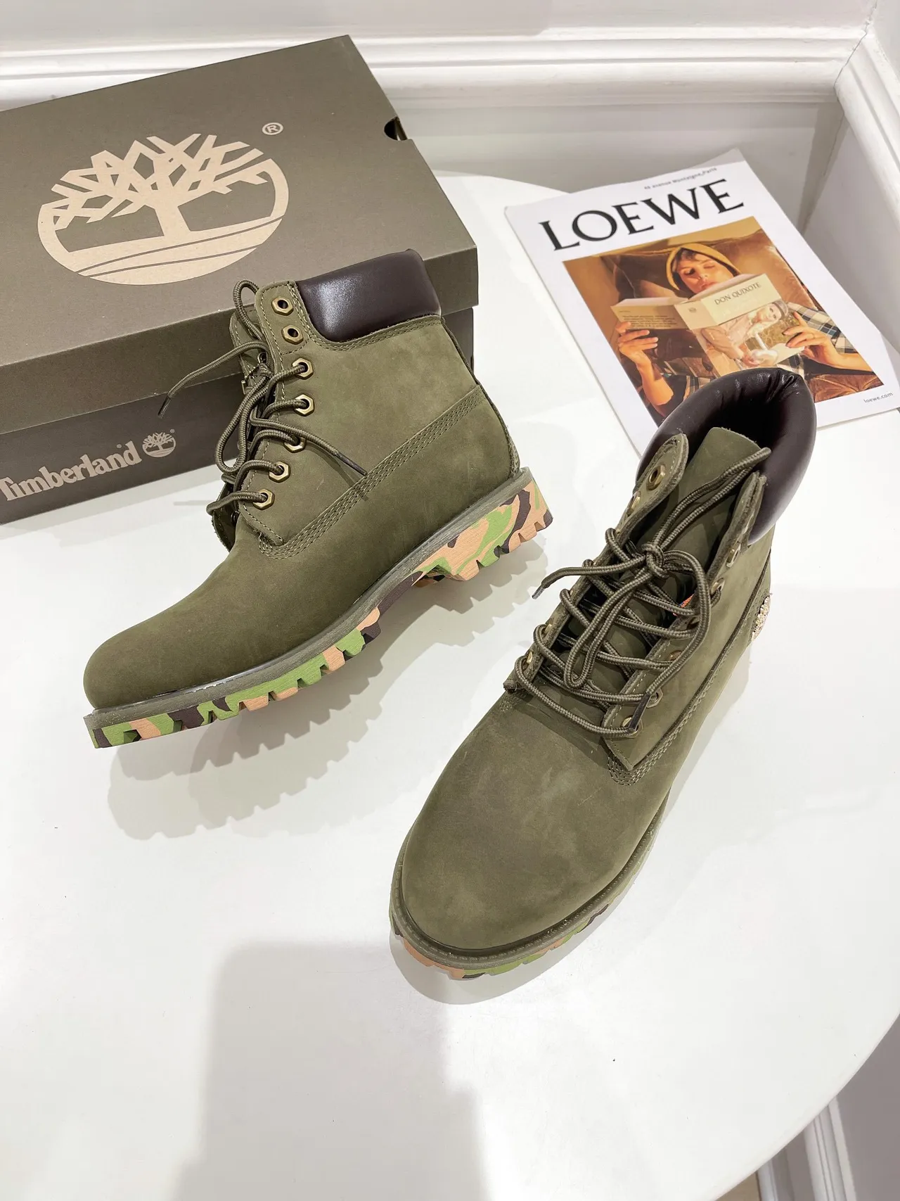 Timberland Army Green Brown Olive Nubuck Upper Padded Leather Collar Work Boots 7