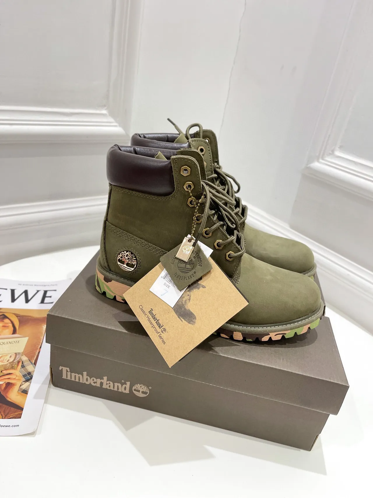 Timberland Army Green Brown Olive Nubuck Upper Padded Leather Collar Work Boots 8