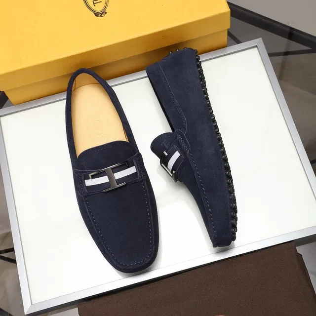 Tod's Double T Loafer Navy White Suede Upper Metal Buckle Loafer 8