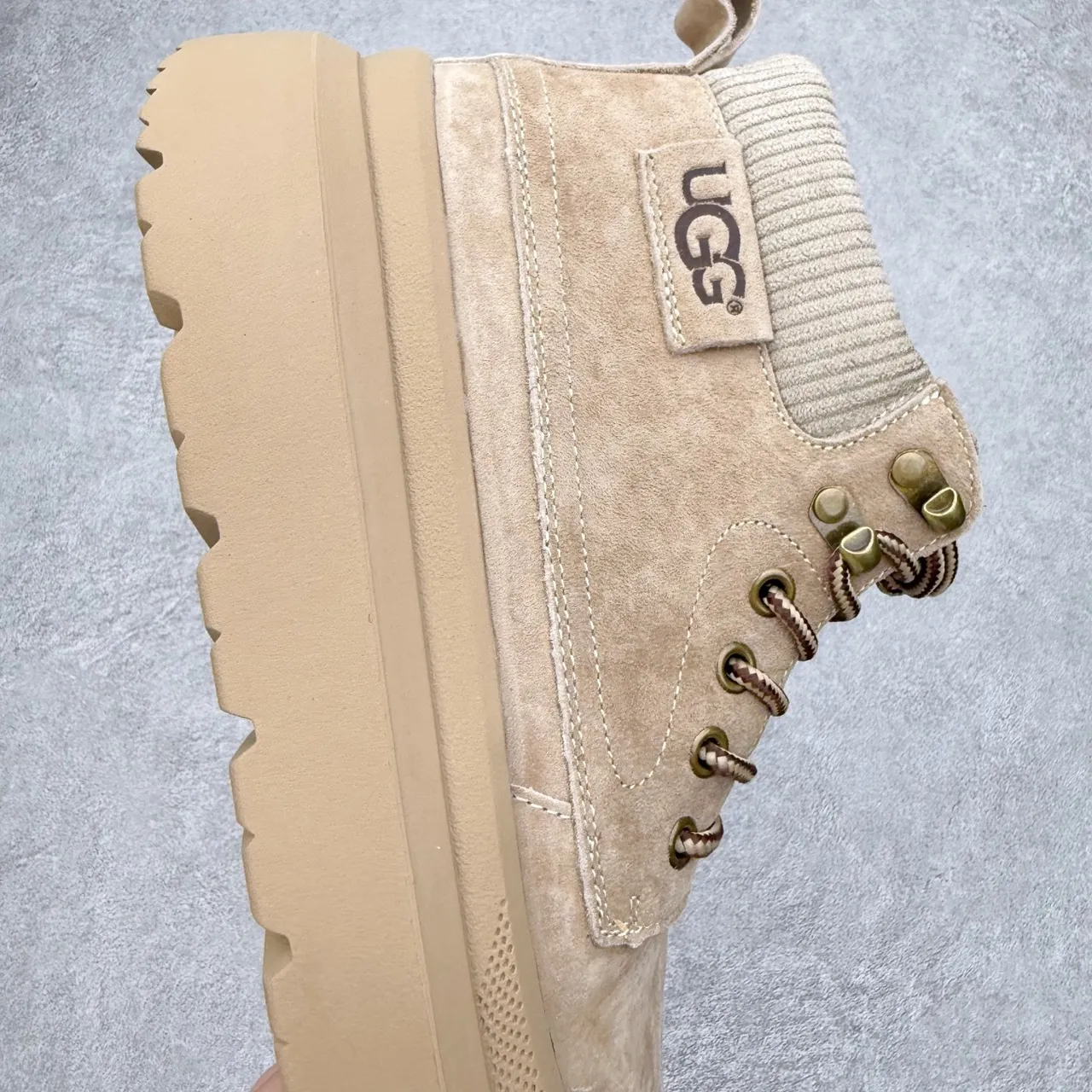 UGG Beige Suede Knit-Collar Chunky Platform Work Boot 3