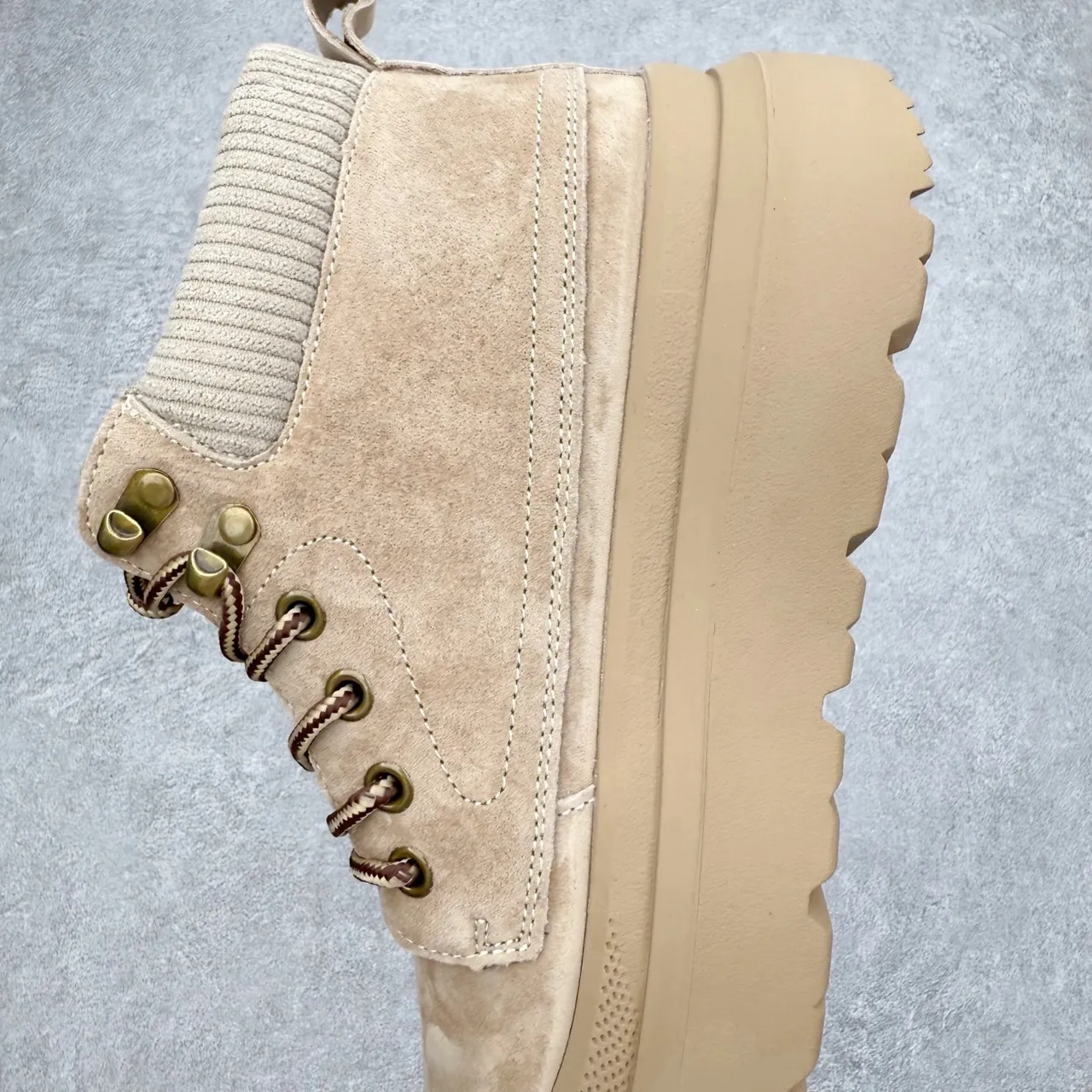 UGG Beige Suede Knit-Collar Chunky Platform Work Boot 5