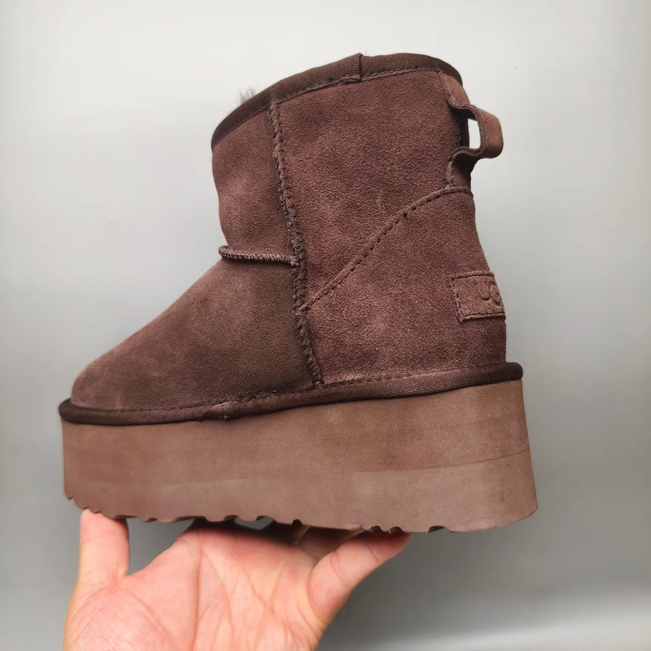 UGG Brown Black Suede Upper Shearling-Lined Cuff Snow Boots 4