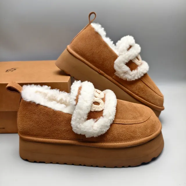 UGG Brown White Shearling-Trimmed Platform Sole Loafer 6