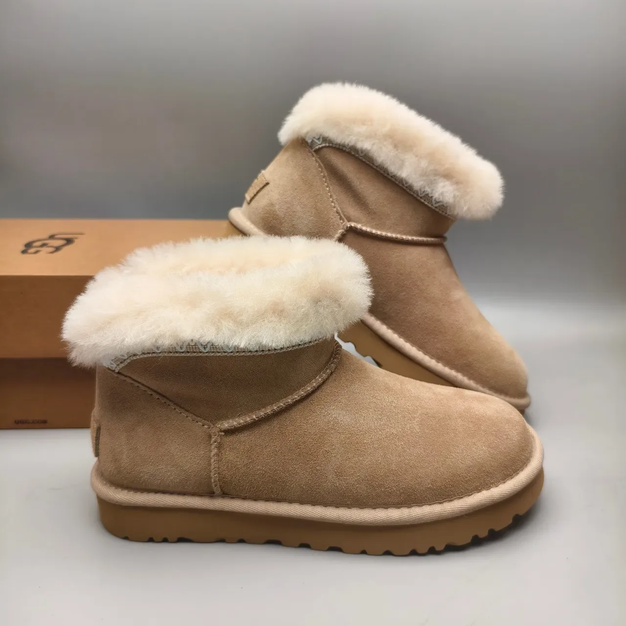 UGG Classic Mini Beige Suede Shearling Cuff Snow Boots 6