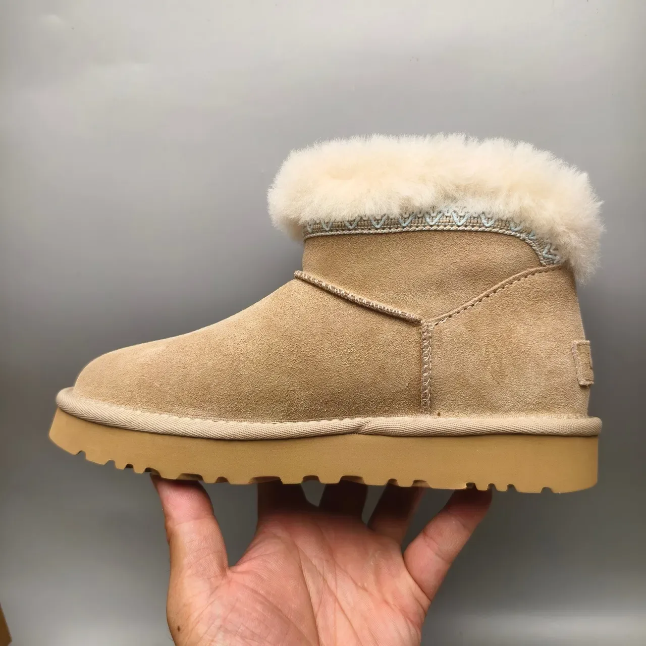 UGG Classic Mini Beige Suede Shearling Cuff Snow Boots 7