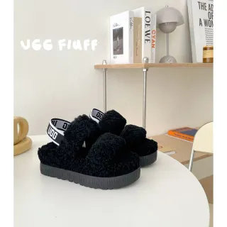 UGG Fluff أسود Pom-Pom Fluffy حذاء منزلي