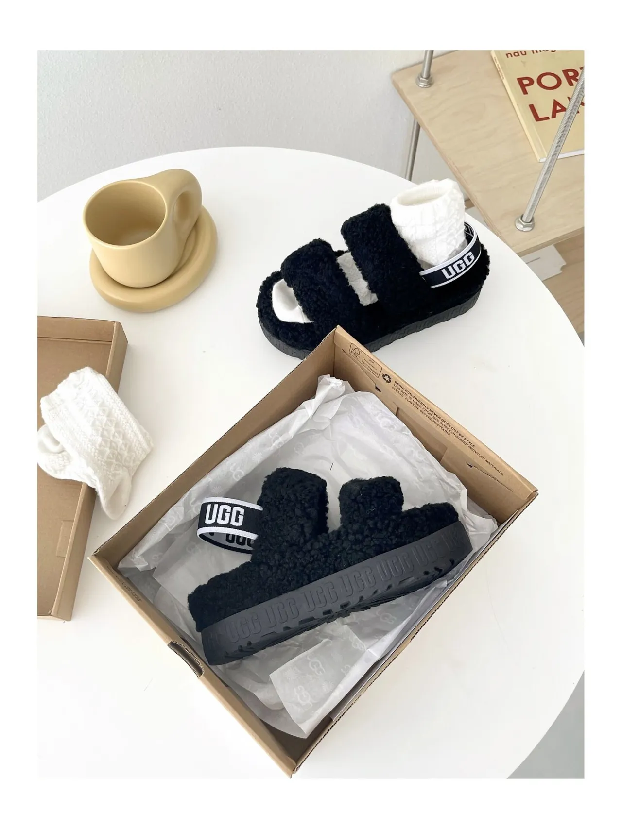 UGG Fluff Black Fluffy Pom-Pom Slippers 4