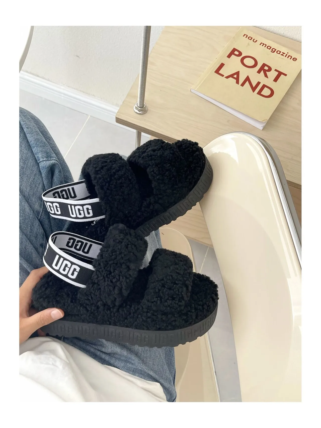 UGG Fluff Black Fluffy Pom-Pom Slippers 6
