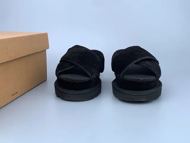 UGG Tasman Black Suede Cross Strap Platform Slippers 9