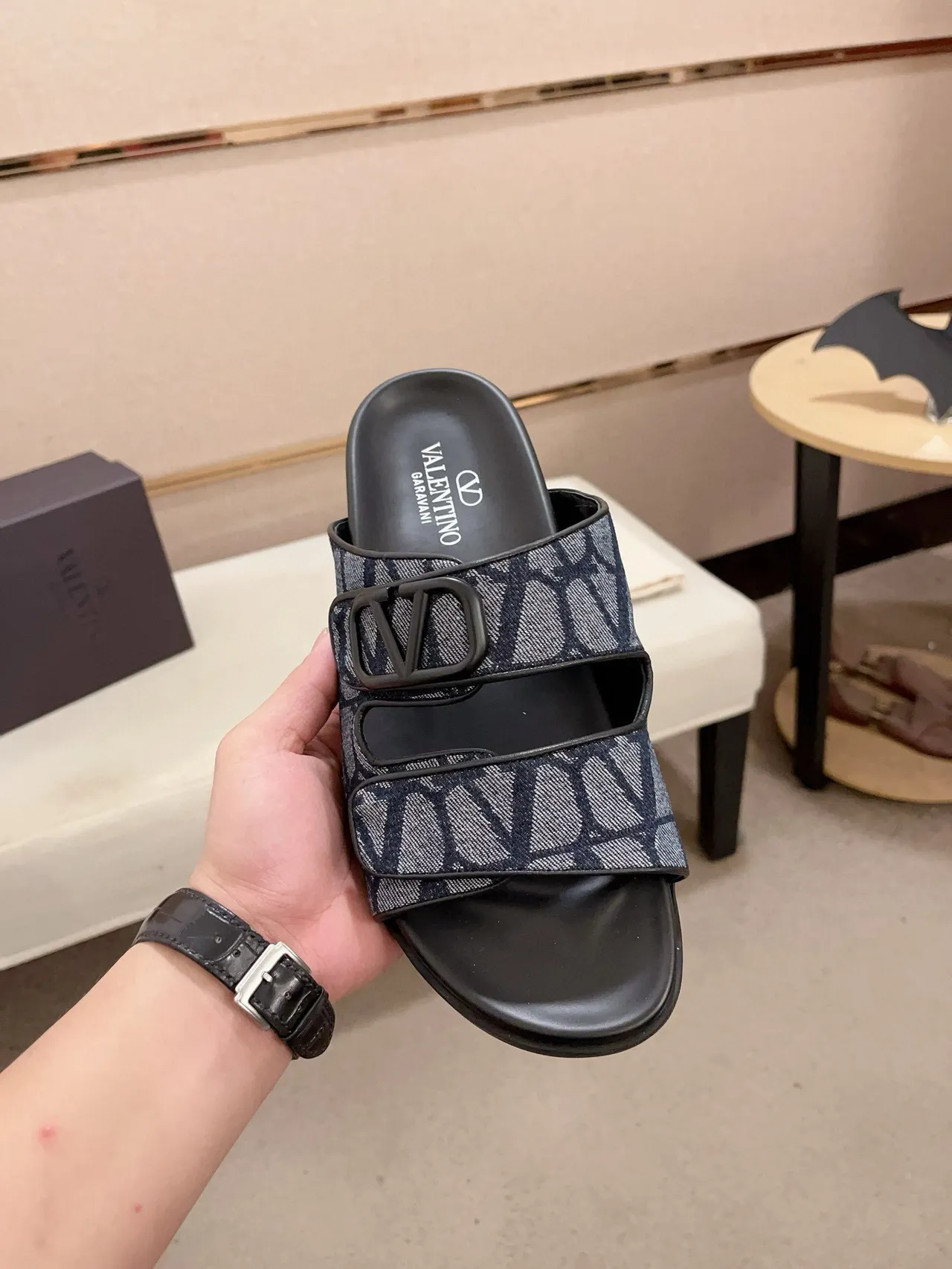 Valentino Garavani VLogo Slide Navy Monogram Double-Strap Slippers 2