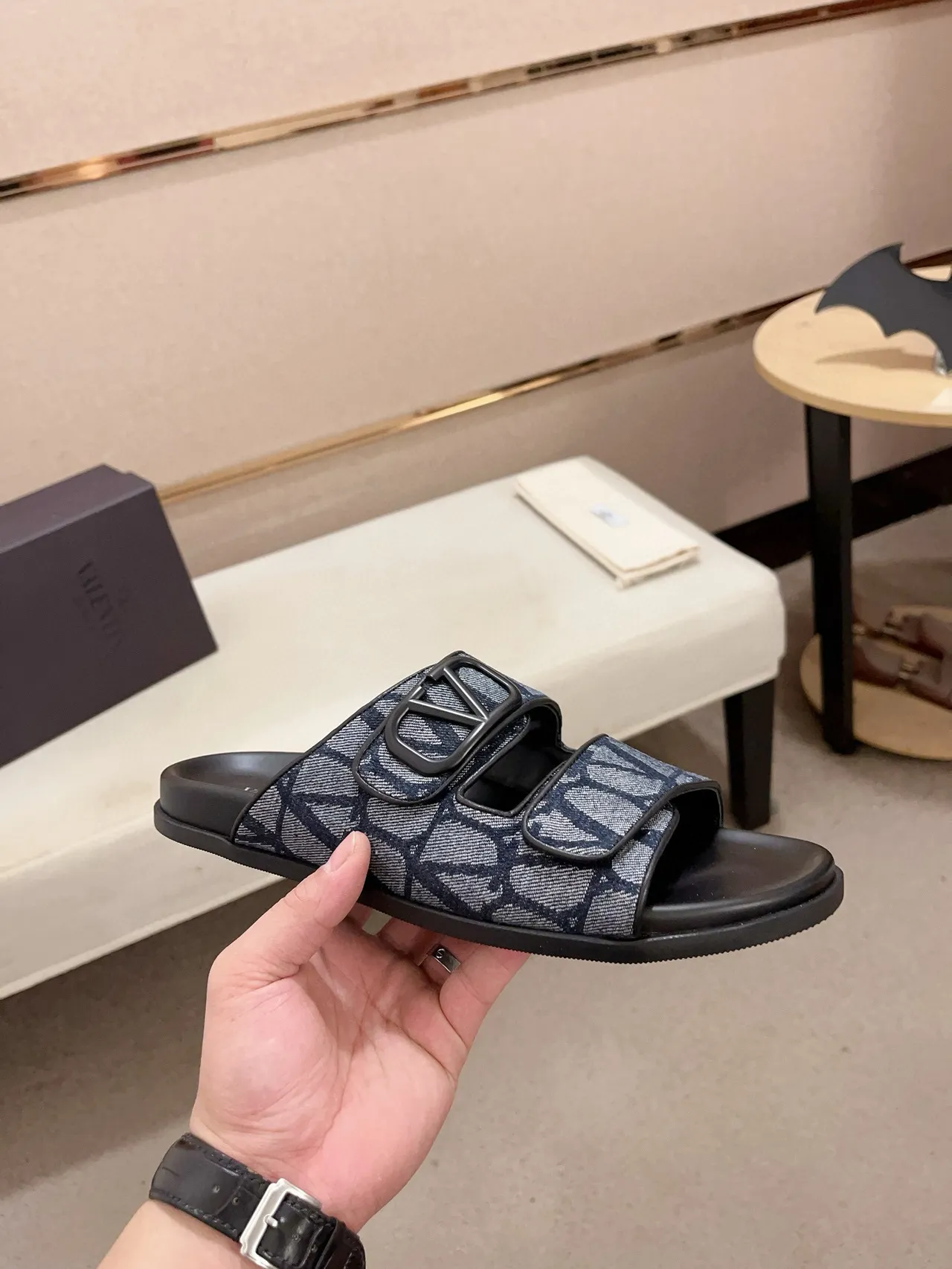 Valentino Garavani VLogo Slide Navy Monogram Double-Strap Slippers 3