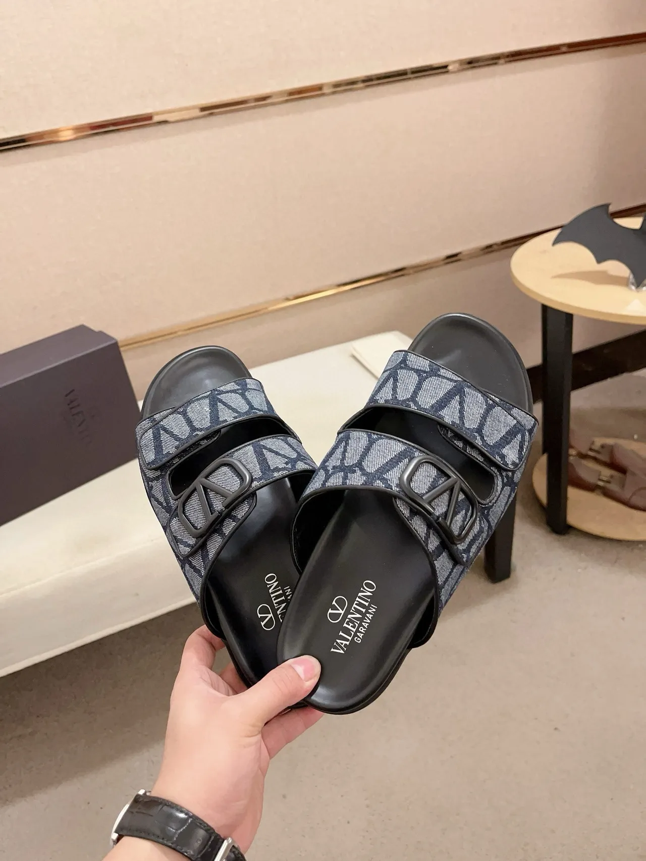 Valentino Garavani VLogo Slide Navy Monogram Double-Strap Slippers 4