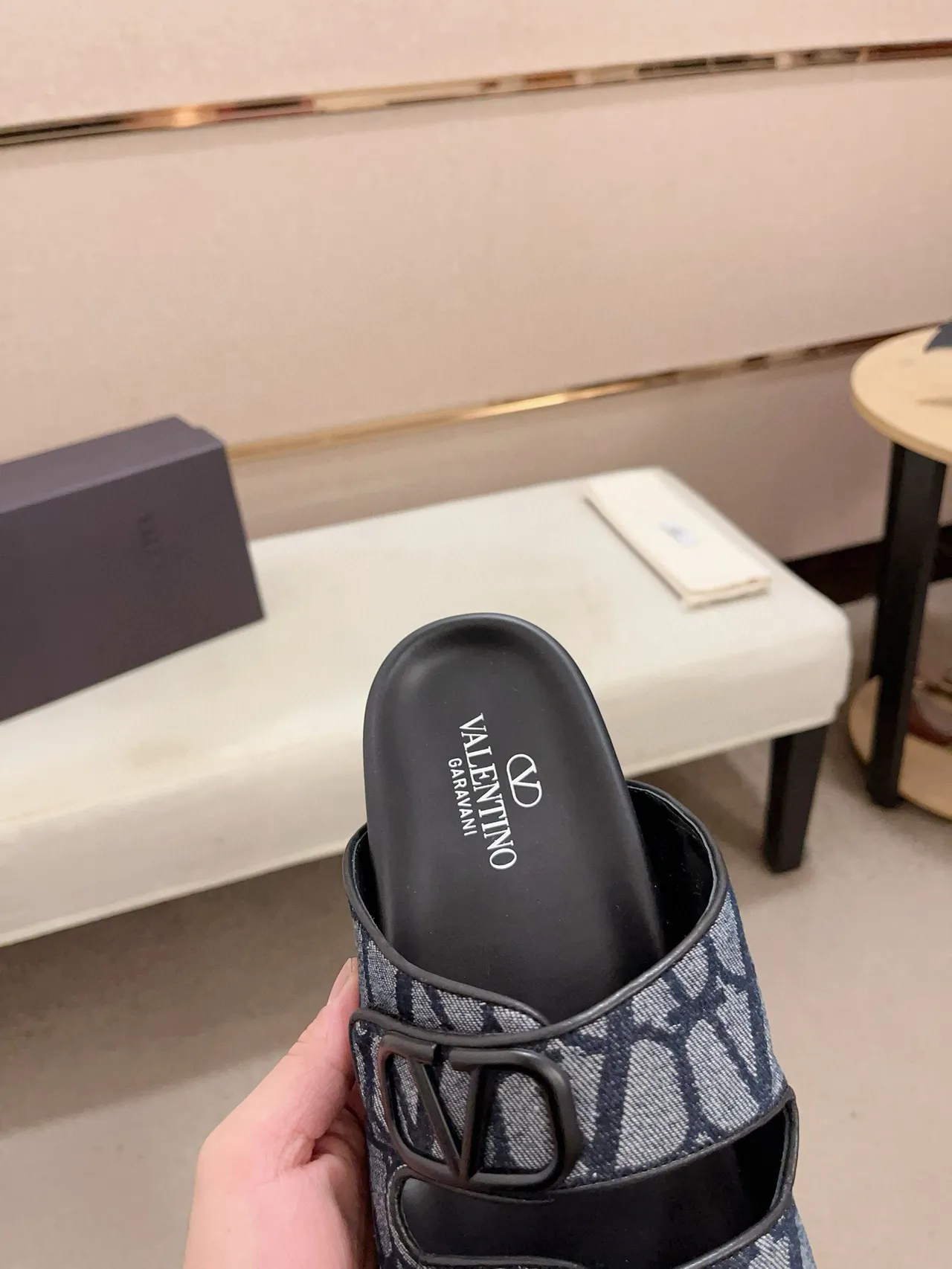 Valentino Garavani VLogo Slide Navy Monogram Double-Strap Slippers 5