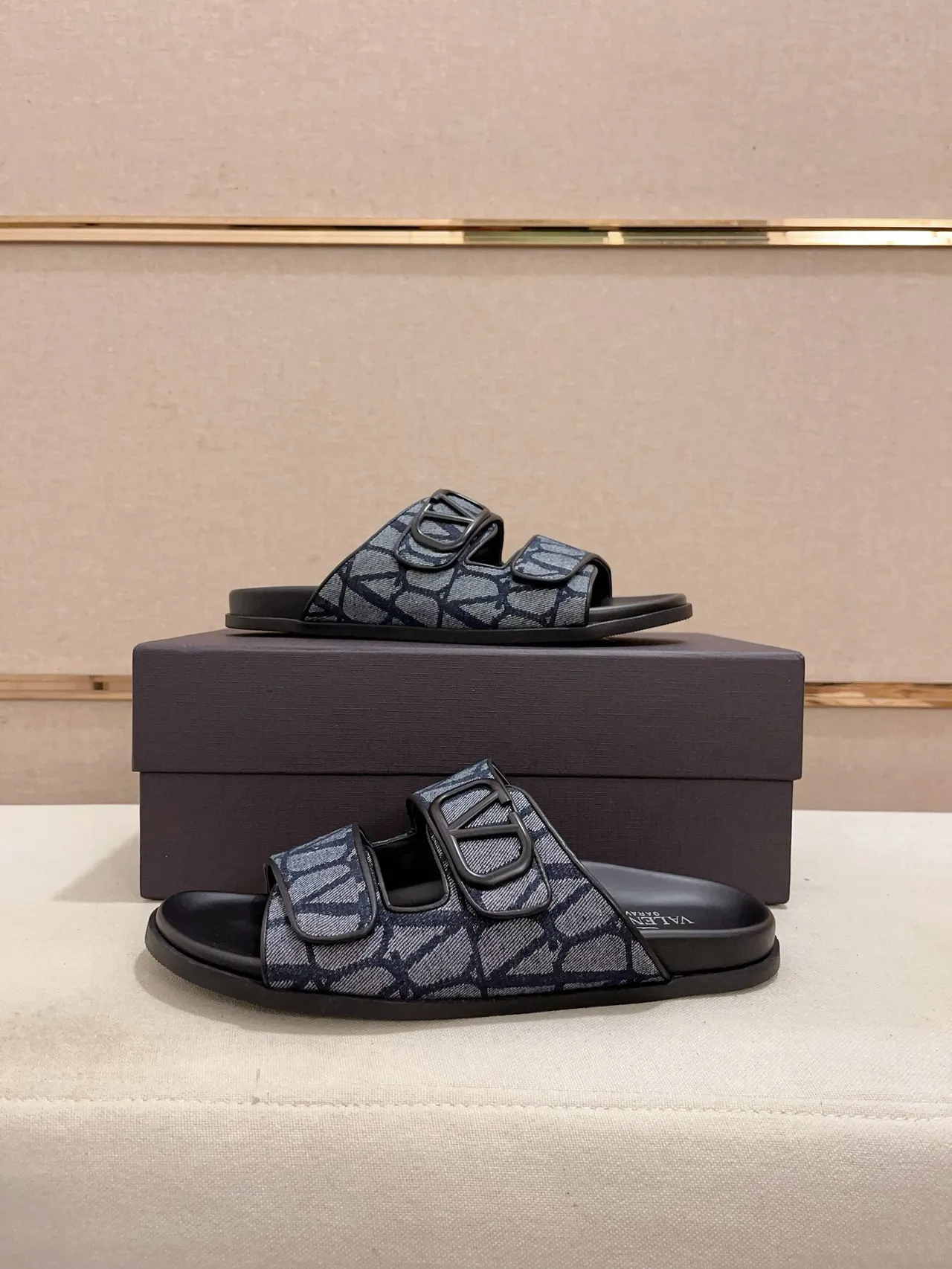 Valentino Garavani VLogo Slide Navy Monogram Double-Strap Slippers 6