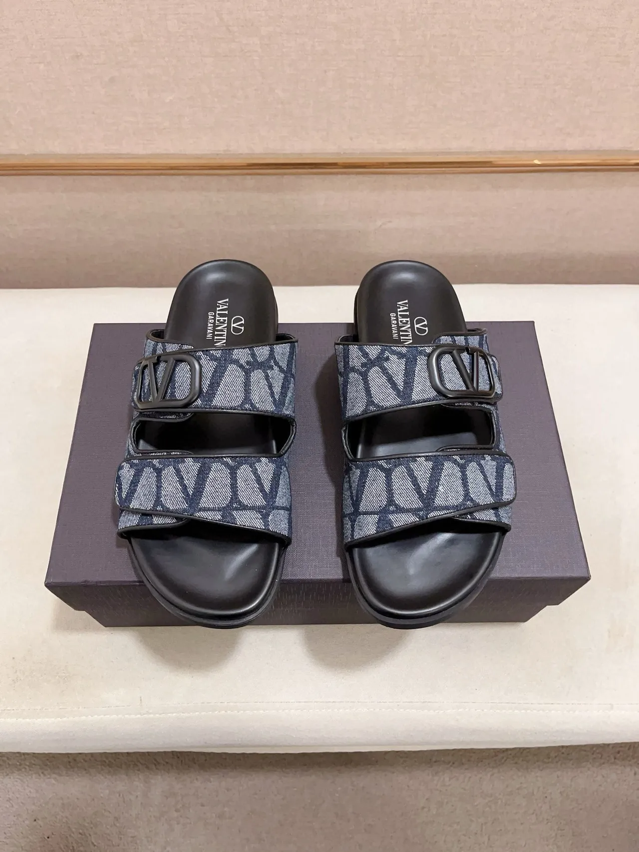 Valentino Garavani VLogo Slide Navy Monogram Double-Strap Slippers 7