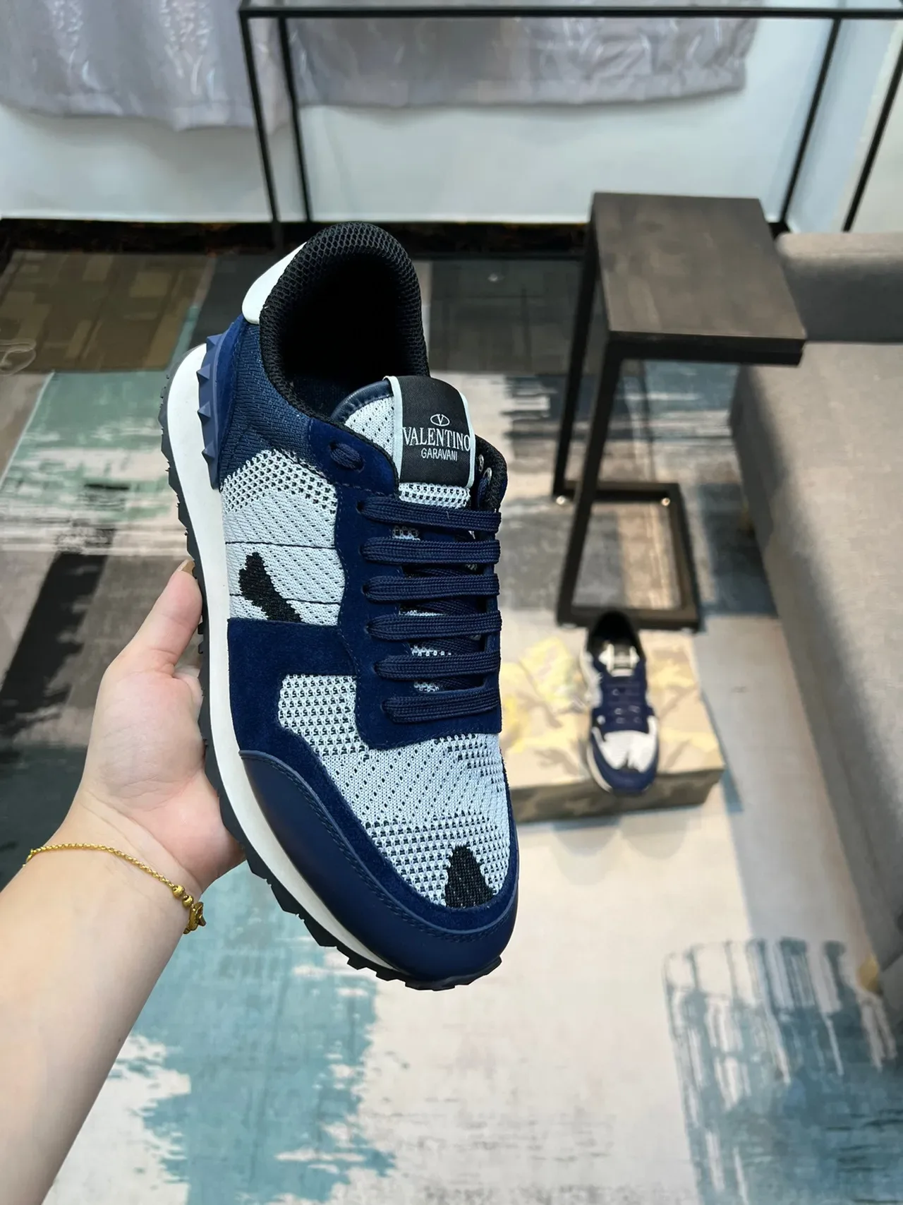 فالنتينو Navy White أحذية رياضية نمط حياة أعلى شبكية وألواح سويدي مواد مختلطة 6