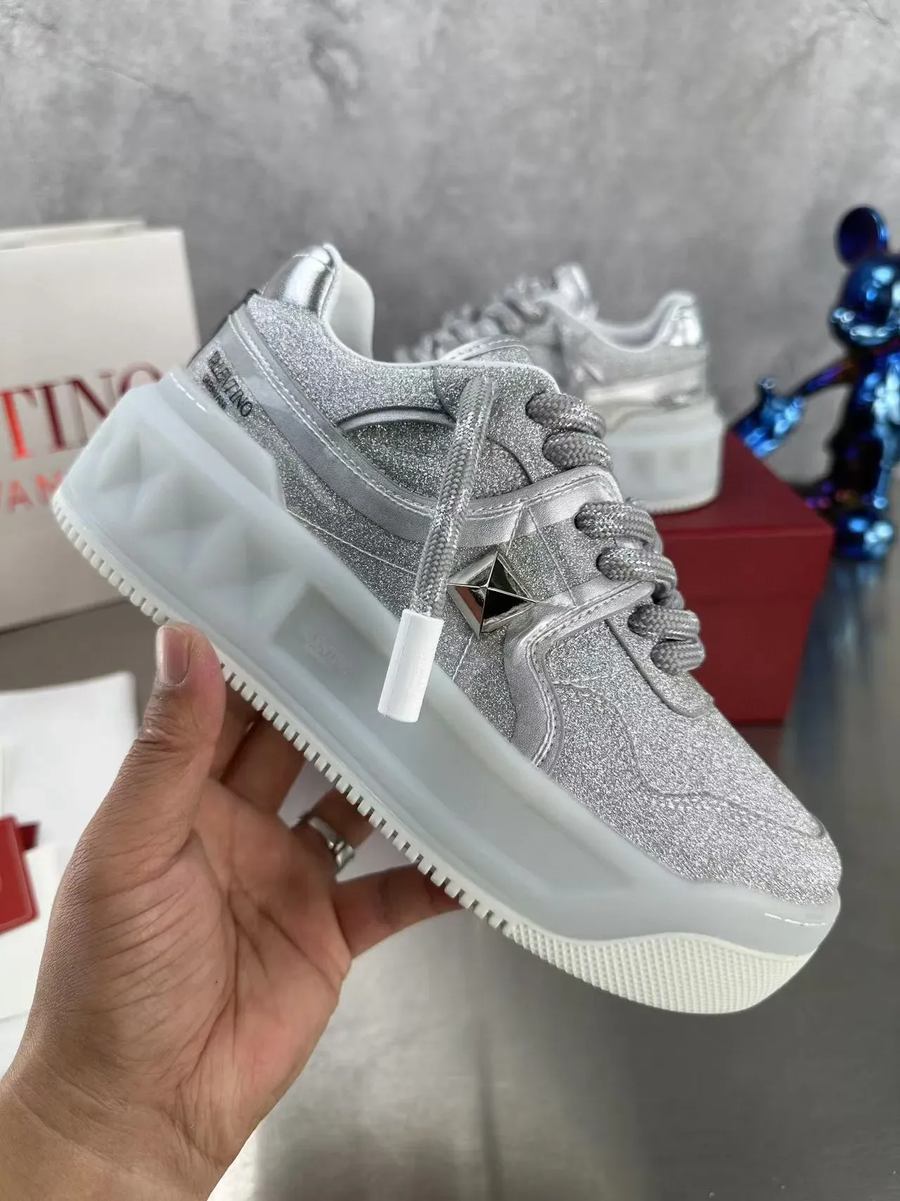 Valentino Open Silver Glitter Platform Lifestyle Sneakers 2