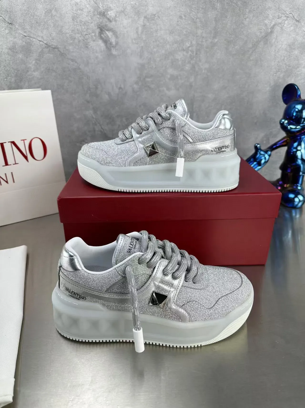 Valentino Open Silver Glitter Platform Lifestyle Sneakers 3