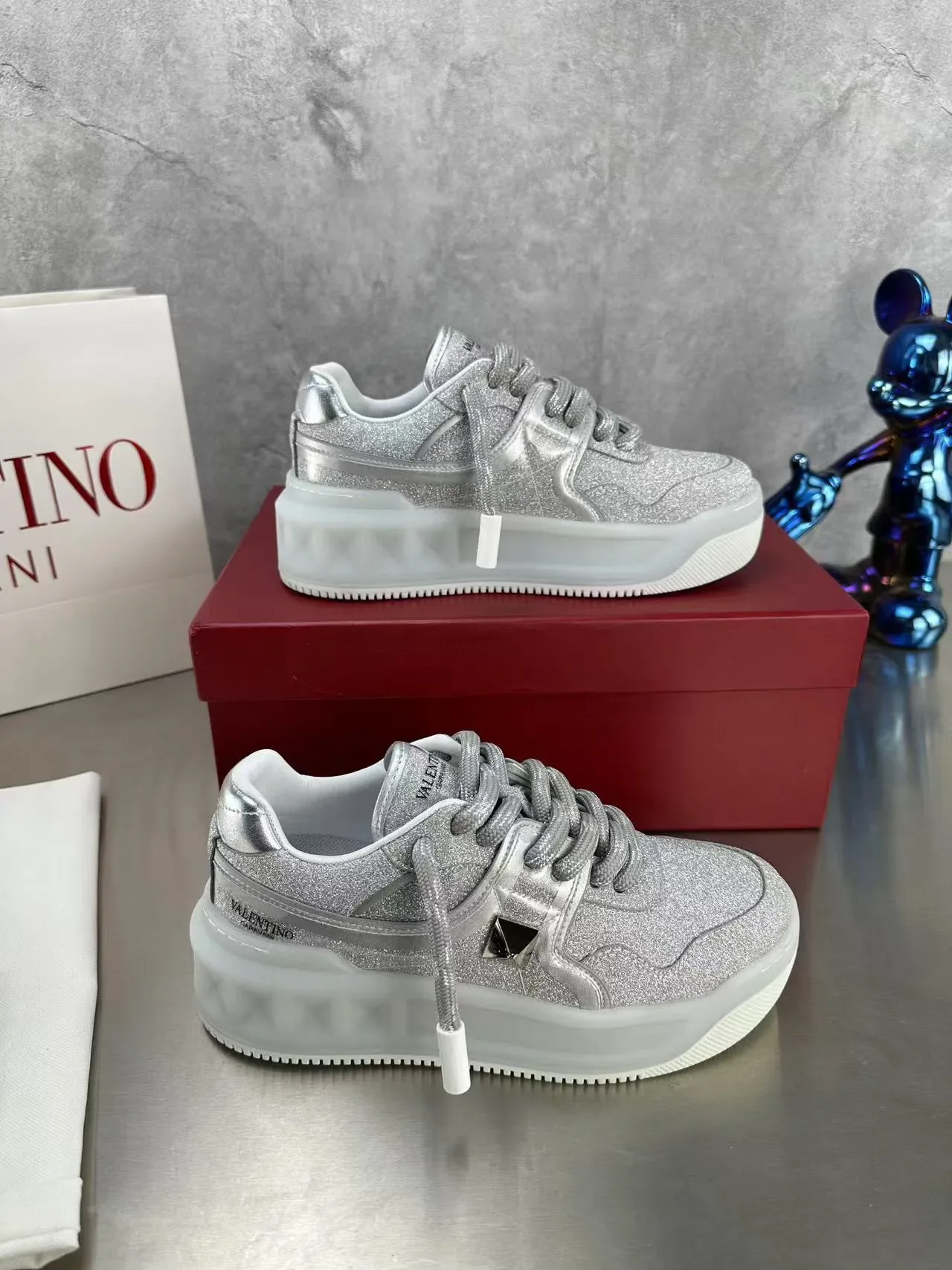 Valentino Open Silver Glitter Platform Lifestyle Sneakers 4