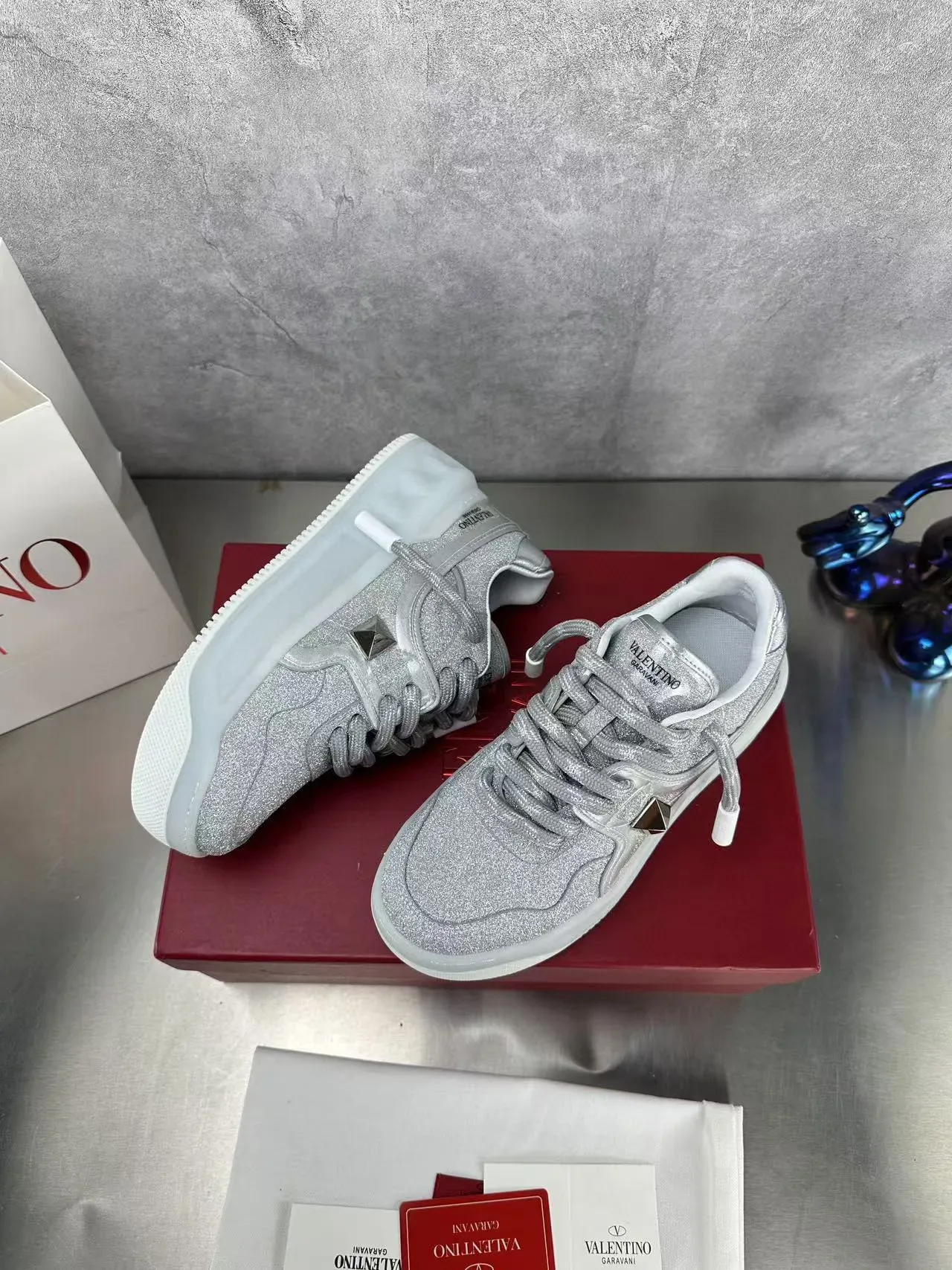Valentino Open Silver Glitter Platform Lifestyle Sneakers 5
