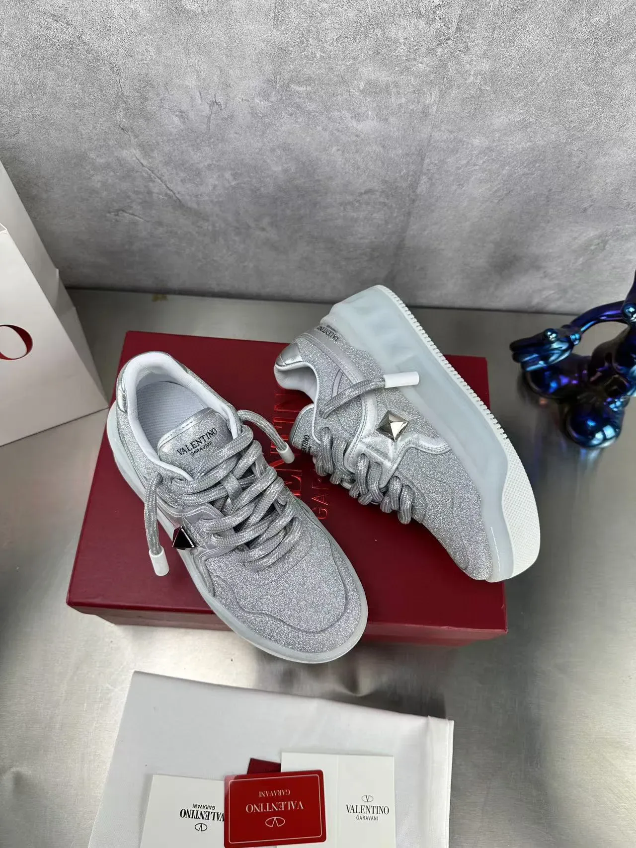 Valentino Open Silver Glitter Platform Lifestyle Sneakers 7