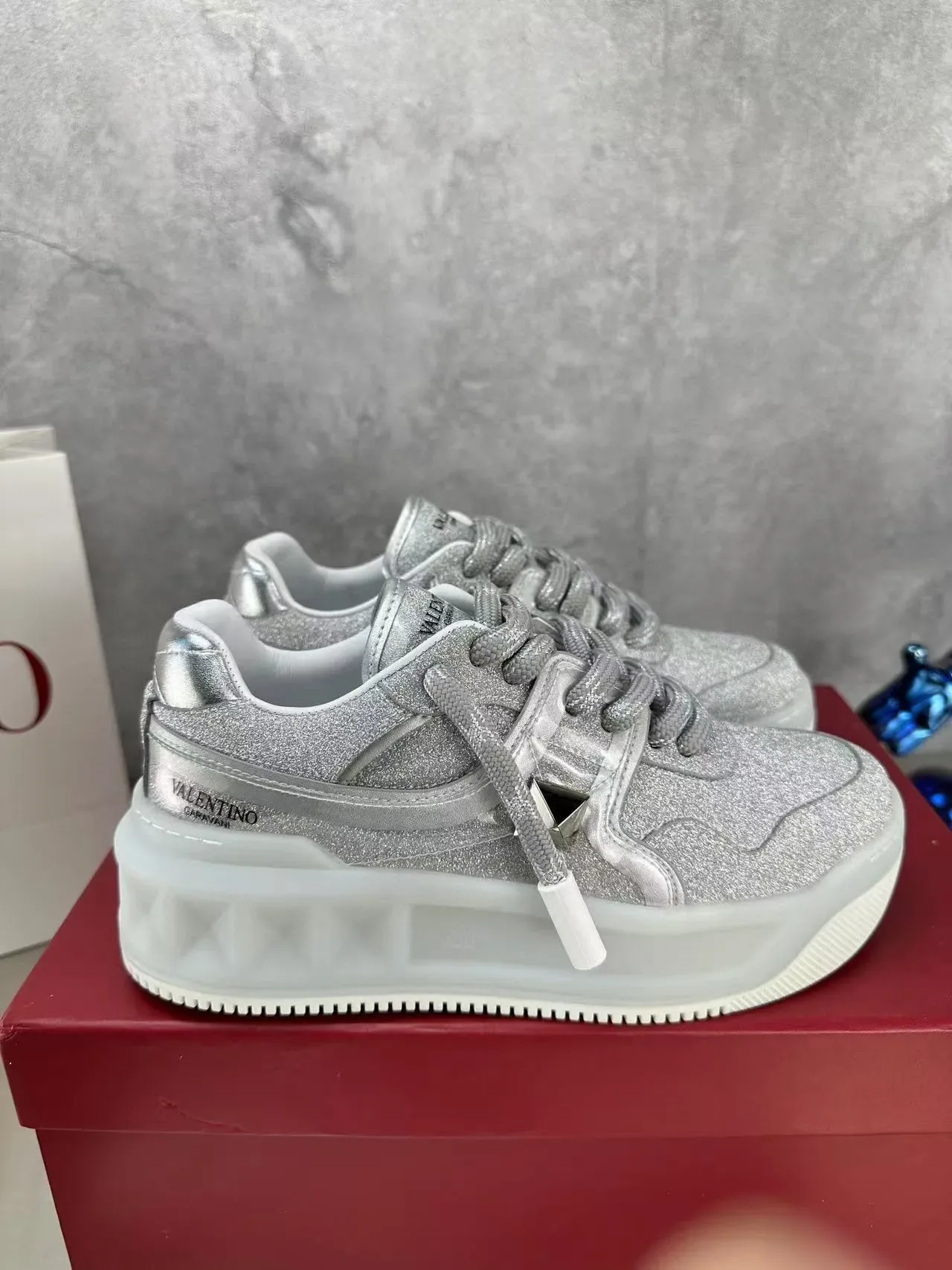 Valentino Open Silver Glitter Platform Lifestyle Sneakers 9