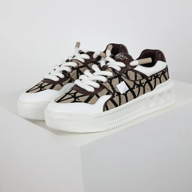 Valentino مفتوح أبيض بني Monogram Jacquard Upper Geometric Midsole Lifestyle Sneakers 2